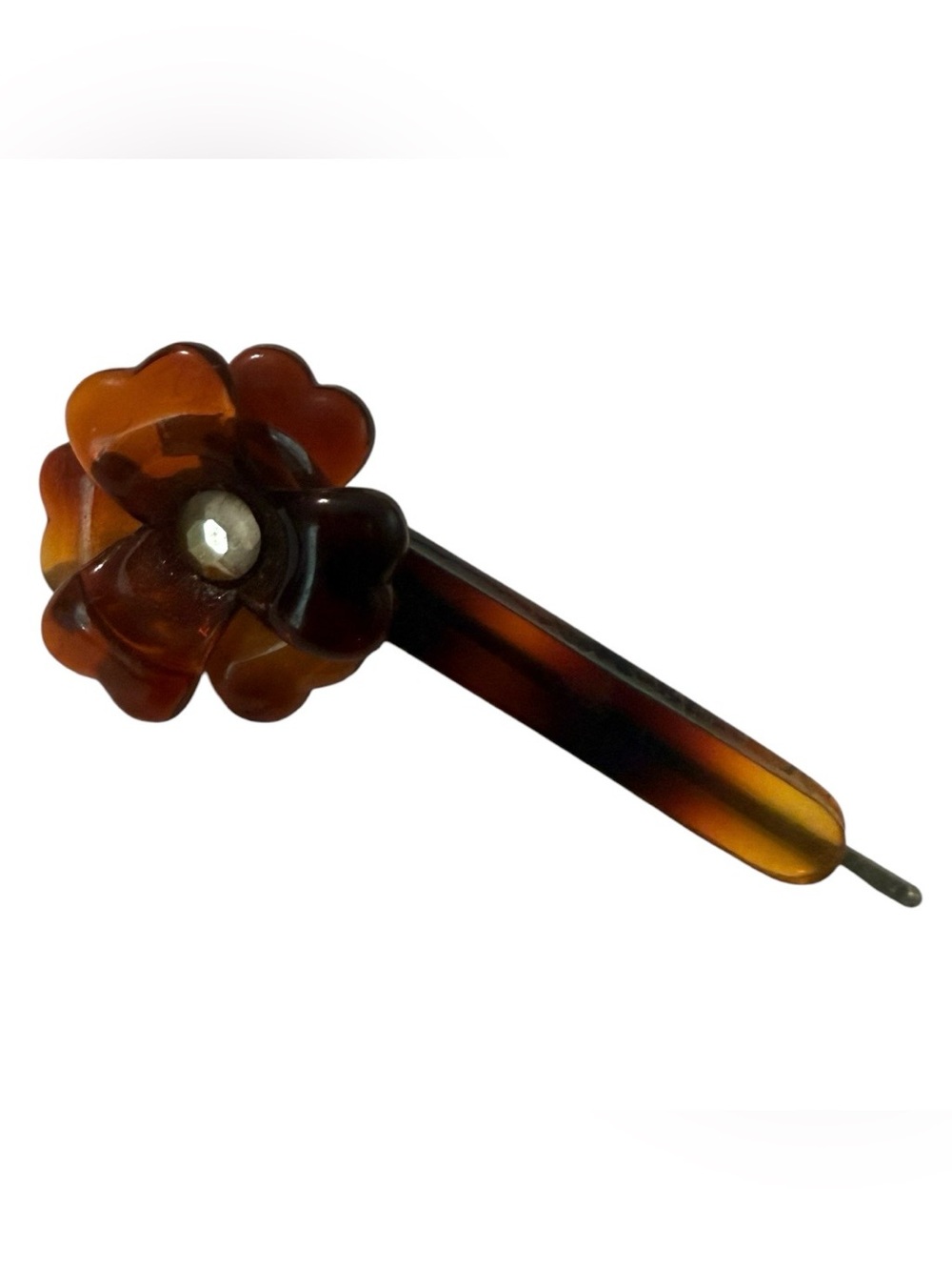 1970s French Floral Barrette Bobby Pin in Tortoiseshell w Center Rhinestone, 3β